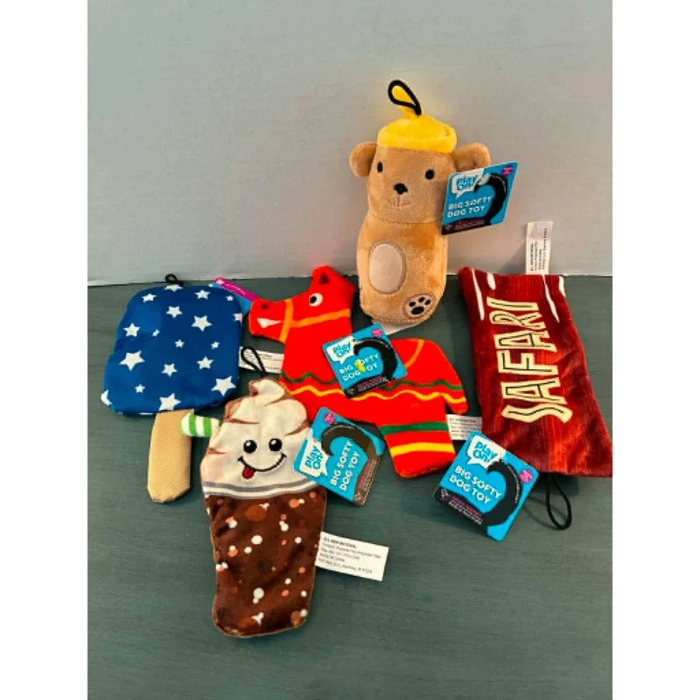 Play On Big Softy Dog Toy Bundle 6pc Multicolor New Plush Squeaky Variety Set